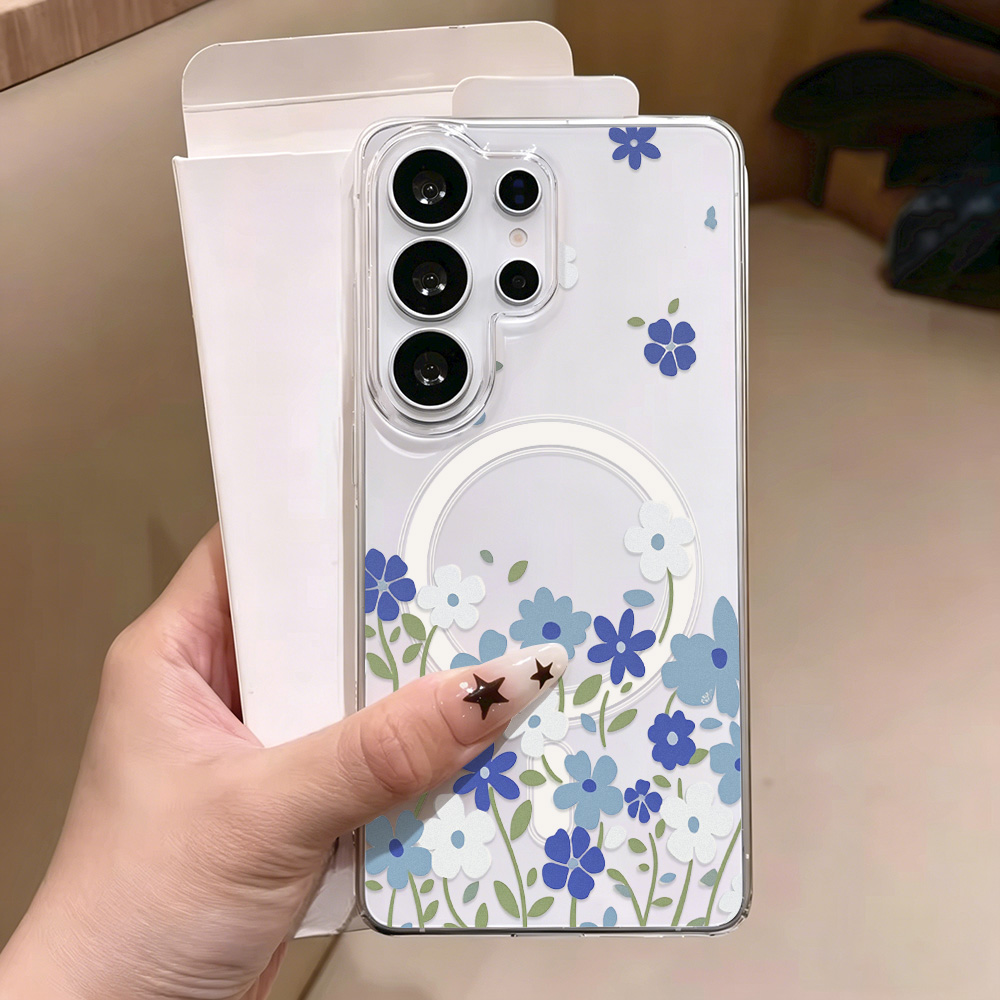 Phone Cases Quality - Mavi Çiçekli Manyetik Telefon Kılıfı Samsung